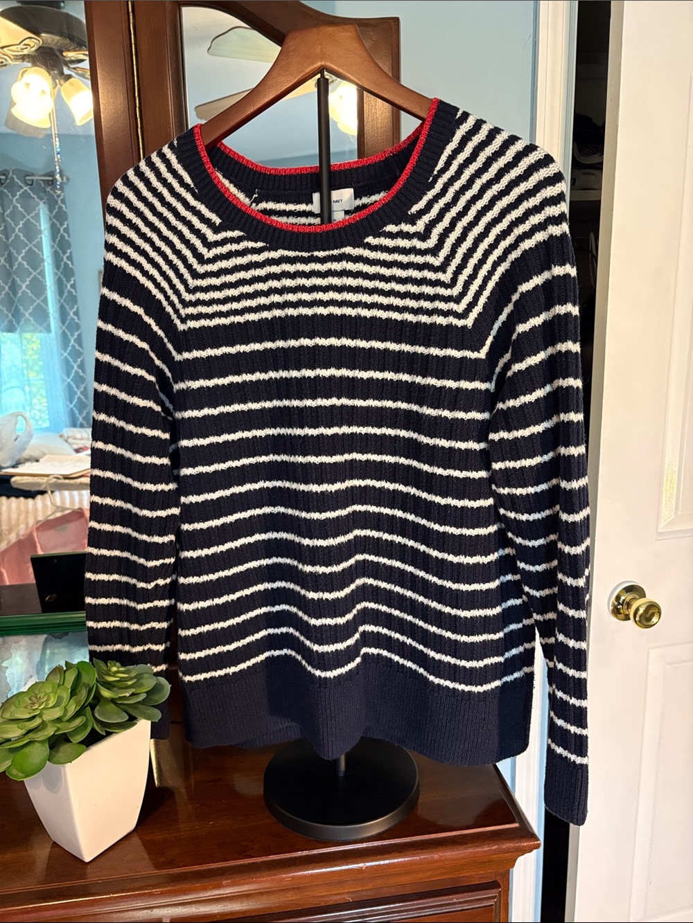 Old Navy Navy & White Striped Crewneck Sweater with Red Trim